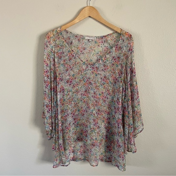Lavender Brown Silk Floral Sheer Top Flutter Bell Sleeve Pastel Size Medium - Picture 1 of 10
